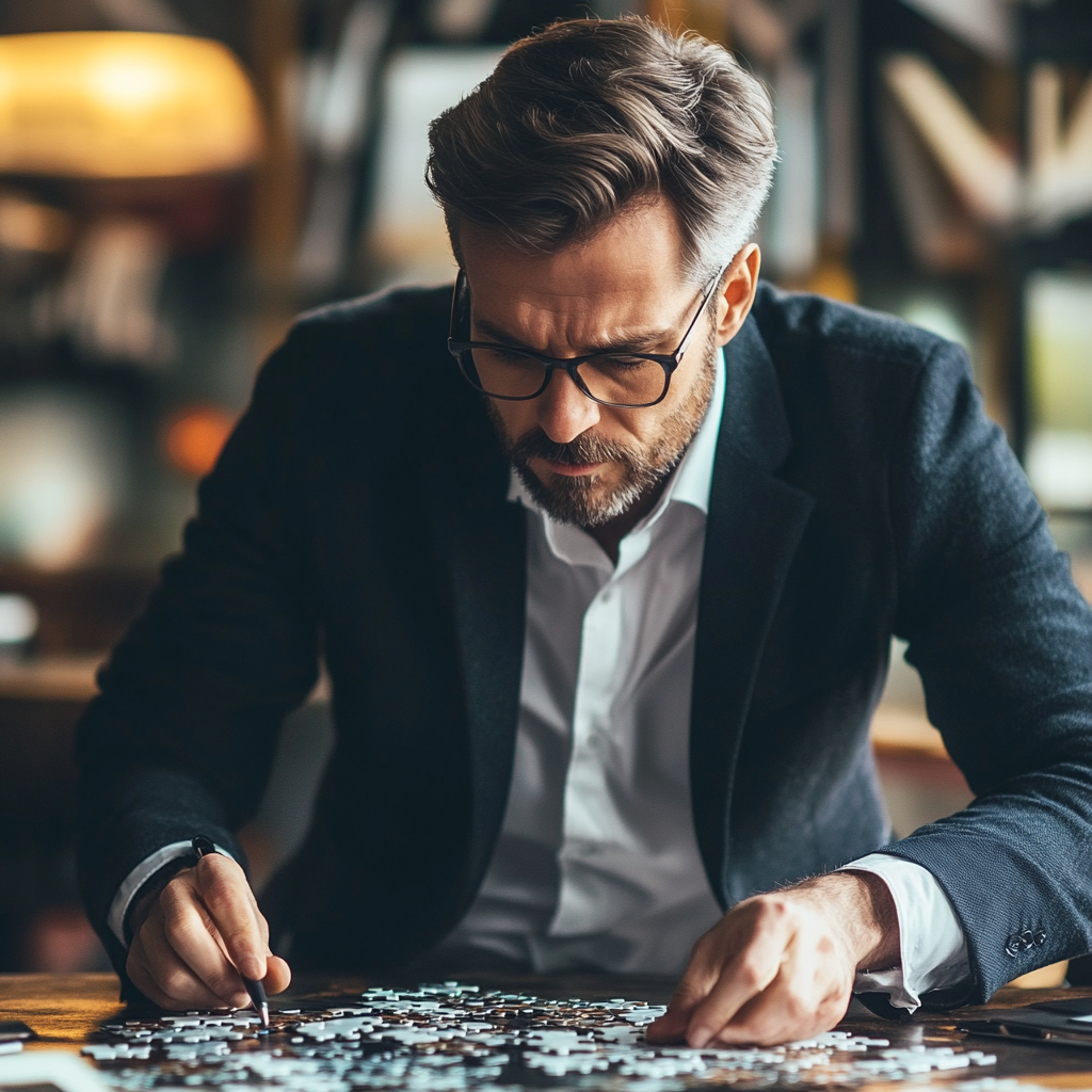 Business professional analyzing and reviewing pieces of a puzzle on a tablet, symbolizing the process of conducting due diligence to identify risks and prevent fraud.